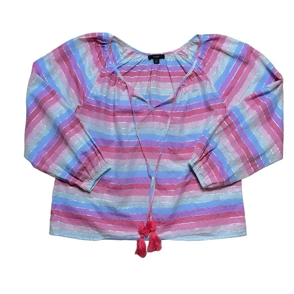 J. Crew Pastel Metallic Striped Long Sleeve Peasant Blouse US S